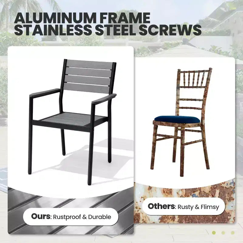 Chaise de salle à manger empilable d'extérieur avec accoudoirs, cadre en aluminium, grain de bois