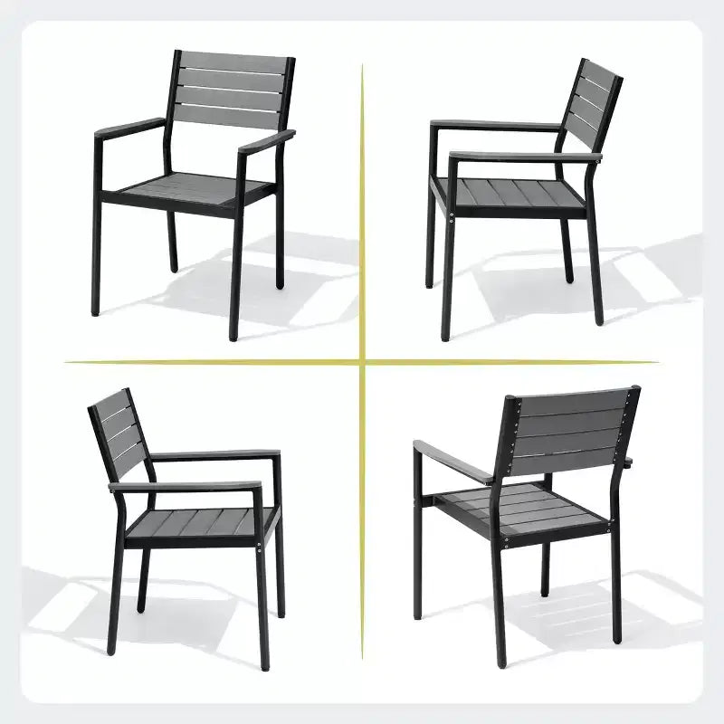 Chaise de salle à manger empilable d'extérieur avec accoudoirs, cadre en aluminium, grain de bois