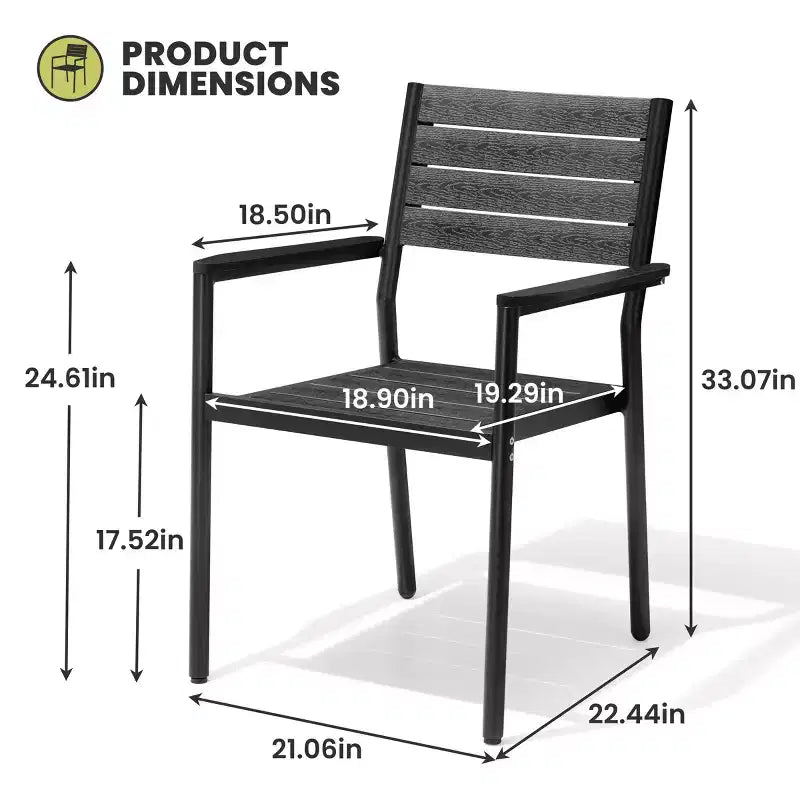 Chaise de salle à manger empilable d'extérieur avec accoudoirs, cadre en aluminium, grain de bois