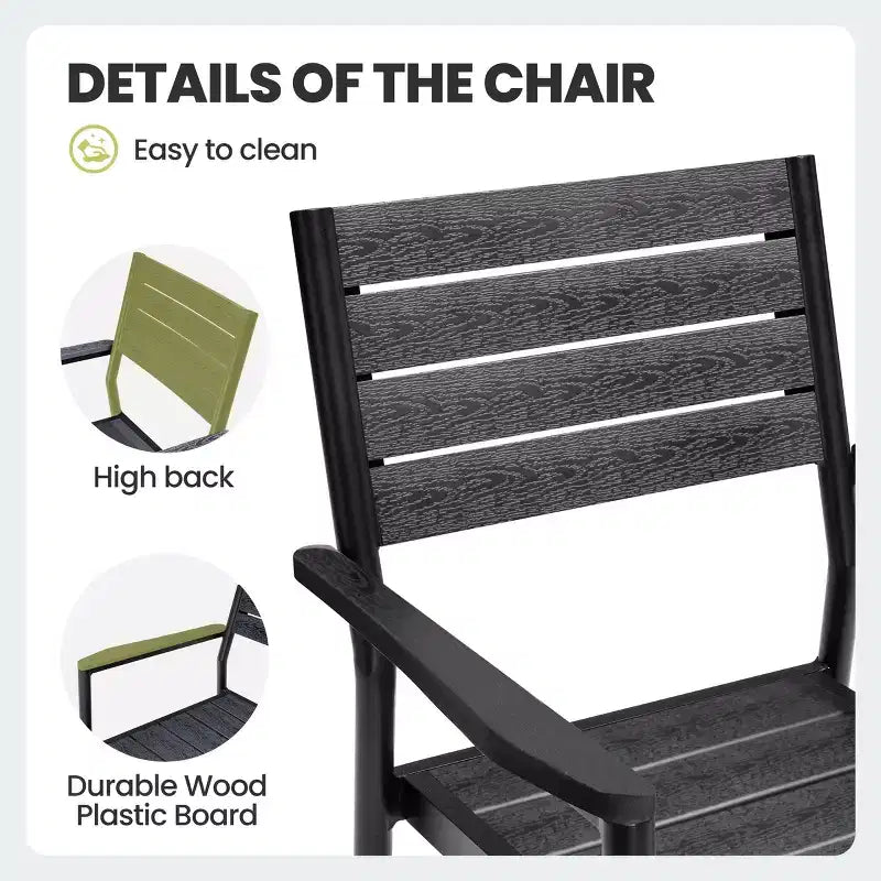 Chaise de salle à manger empilable d'extérieur avec accoudoirs, cadre en aluminium, grain de bois