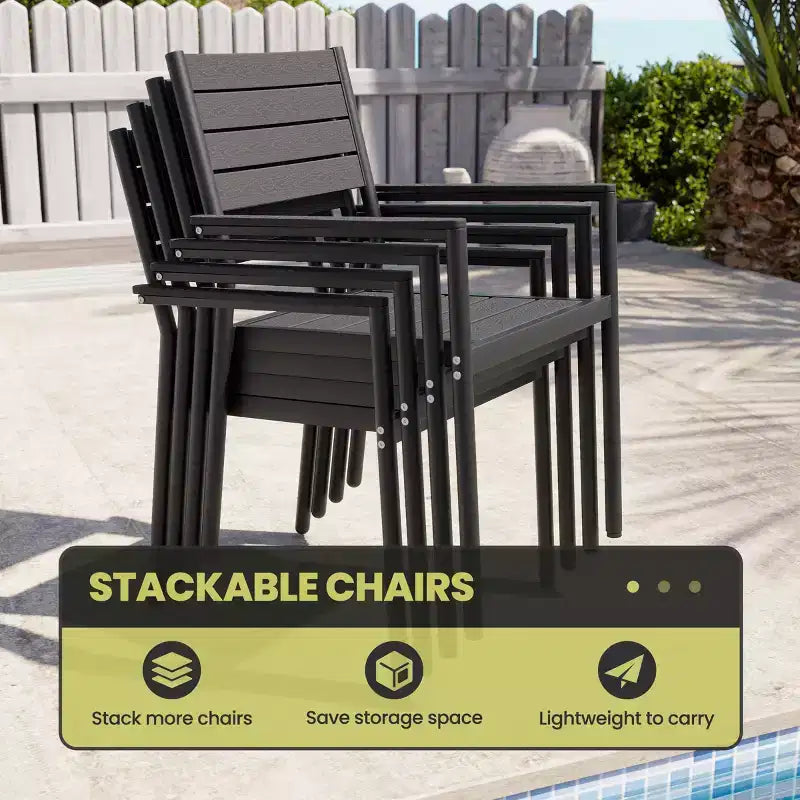 Chaise de salle à manger empilable d'extérieur avec accoudoirs, cadre en aluminium, grain de bois