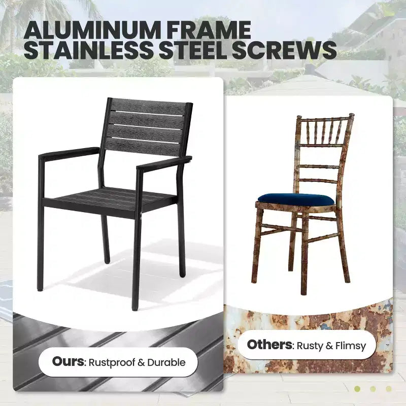 Chaise de salle à manger empilable d'extérieur avec accoudoirs, cadre en aluminium, grain de bois