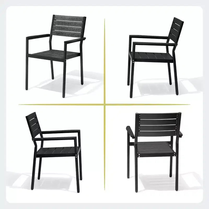 Chaise de salle à manger empilable d'extérieur avec accoudoirs, cadre en aluminium, grain de bois
