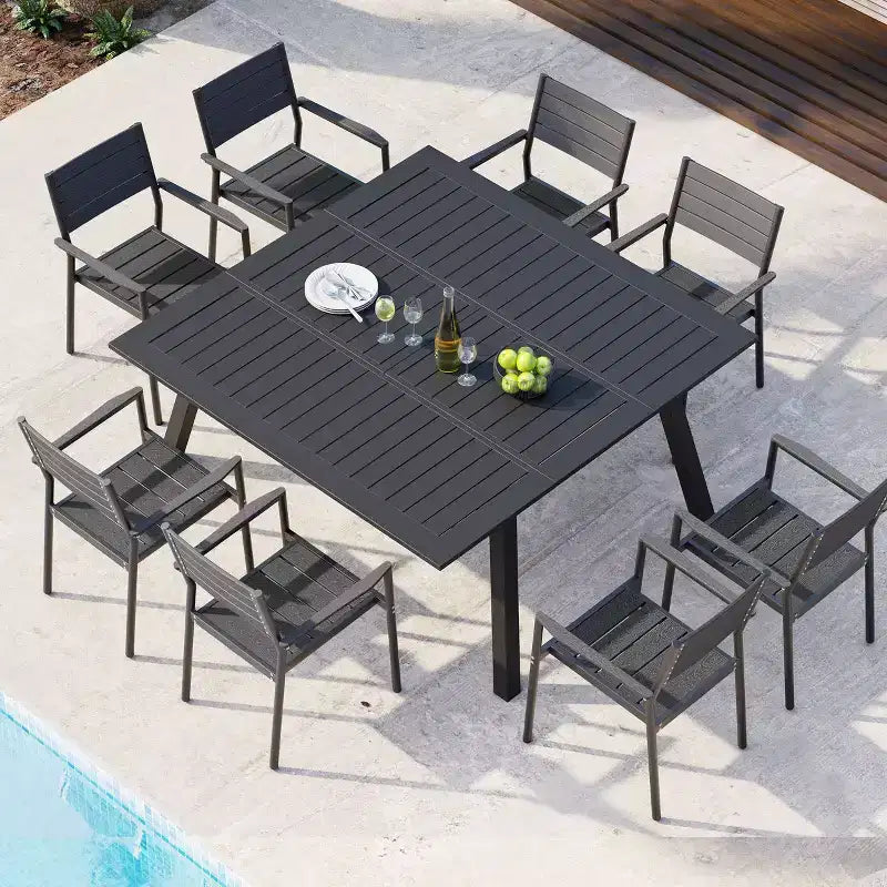 Chaise de salle à manger empilable d'extérieur avec accoudoirs, cadre en aluminium, grain de bois