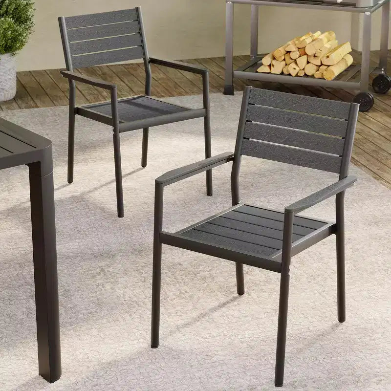 Crestlive Products Set of 2 Outdoor Stackable Armchair Dining Chair Aluminum Frame&Wood-Grain