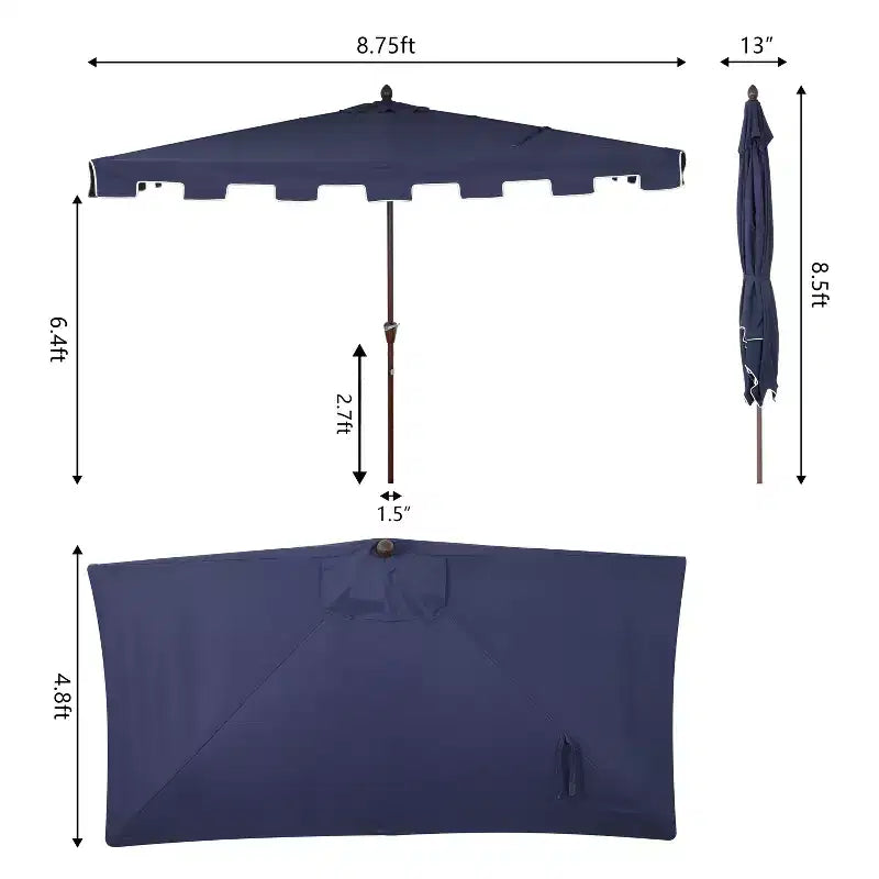 Parasol de terrasse rectangulaire demi-marché classique Mid-Century avec manivelle